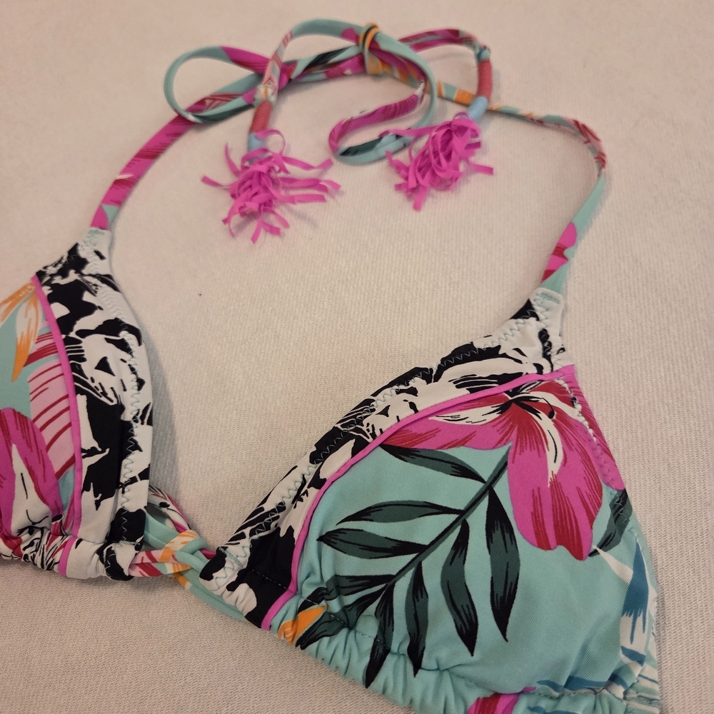 PINK | Victoria's Secret Teal Pink Floral Tropical Tassel Strappy Bikini SZ S/XS - Picture 7 of 11